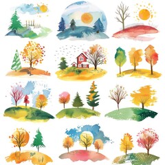 spring season, cute trees and birds illustration with white background