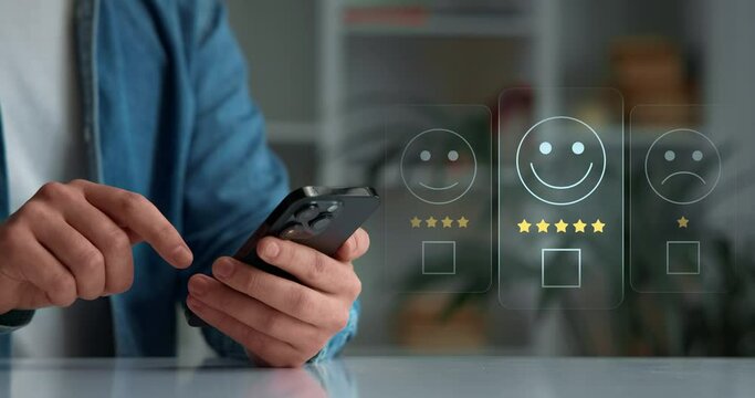 Customer service rating and satisfaction rating concept. Close-up of hands and smartphone, evaluation of the quality of service, store, service, services in the network and social networks.