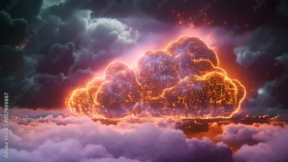 Poster visual representation of cloud storage, with a luminous digital cloud above a microcircuit board