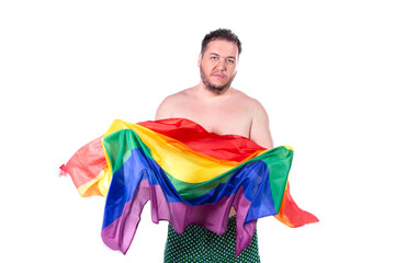 Funny fat man with a gay flag posing on a white background. Fun and joy.