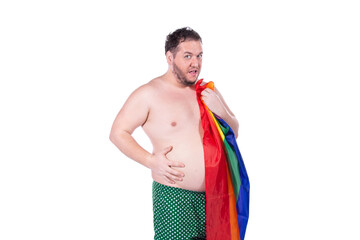 Funny fat man with a gay flag posing on a white background. Fun and joy.