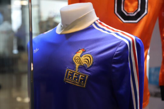 Jerseys from the French soccer team from the Argentina 78 World Cup on display at the Mario Alberto Kempes Sports Museum in Córdoba, Argentina. Sports museum.