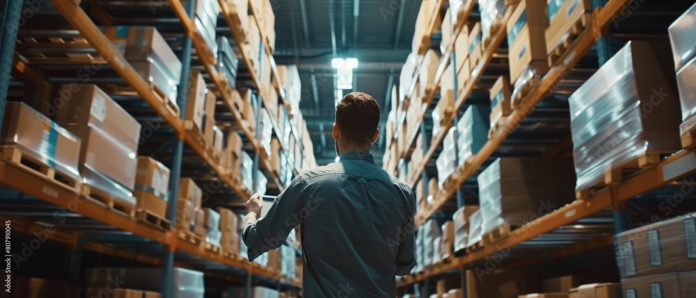 Aufkleber a warehouse inventory manager is using a tablet computer to check shelf stock. storage shelves are s