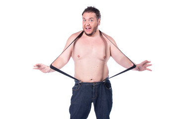 Funny fat man makes faces on a white background. Fun and joy.