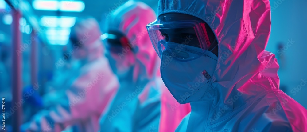 Poster using a modern industrial 3d printer, a team of scientists in sterile protective coveralls is settin