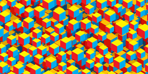 Abstract flying 3d cubes seamless pattern in retro style. Vintage red, yellow and blue vector bg. Futuristic optical illusion
