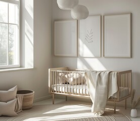  3 large, thick white wooden photo frames hanging on the wall in a baby nursery room