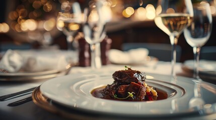 A plate of French Boeuf Bourguignon served with a variety of French cuisine on a table with wine glasses