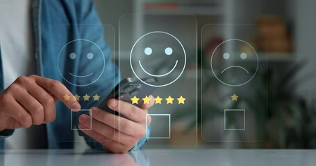 Close-up of hands and smartphone, evaluation of the quality of service,store,service,services in network and social networks. Rating assessment and customer service satisfaction. Feedback rating app
