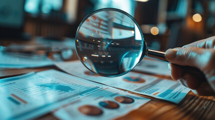 a close-up image of a hand holding a magnifying glass over detailed stock market reports, with numbers and charts magnified, symbolizing the scrutiny and analysis of financial data - Powered by Adobe