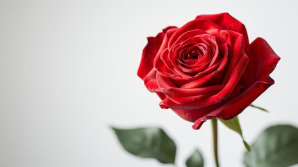 high - impact red rose close - up on a isolated background, surrounded by green leaves and stems