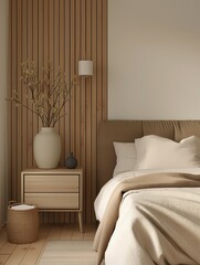 Cozy bed and wooden blank wall, modern bed boho style home interior