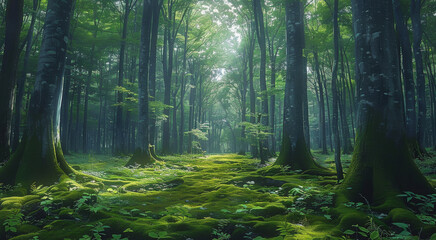 Obraz premium Towering trees and mossy undergrowth. Generative AI.