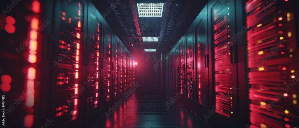 Aufkleber a shot of a working data center with rows of rack servers. led lights are blinking, and computers ar