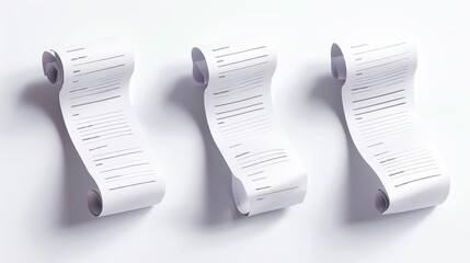 A set of white receipts, bills, and invoices on white paper, isolated on a black background. This is a modern realistic set of purchase bills, financial invoices, and grocery store checks.