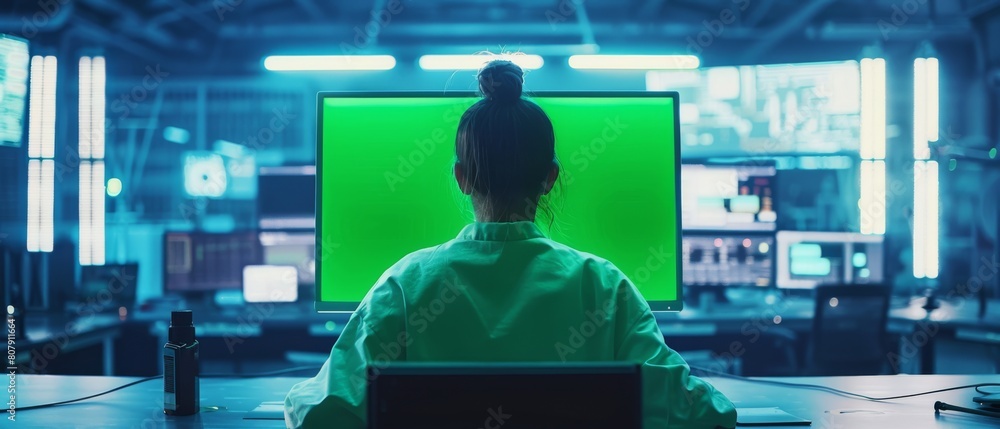 Poster engineer using a green screen computer to program pick and place electronic machines for surface mou