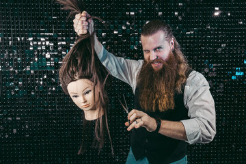 Hairdresser maniac evil. Man young hairdresser maniac sinister with long beard and hair in vest...