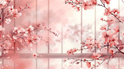 illustration of cherry blossoms on a window sill, with a row of pink and white flowers in the foreground and a white flower in the background