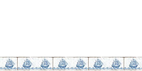 An old sailing ship on stylized waves seamless border on old ceramic tiles,in blue and white colors.Illustration in watercolor style for printing,stickers,borders,wallpaper,websites,ceramic tiles.