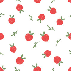 Seamless pattern of heart shape strawberry with green leaf on white background vector.