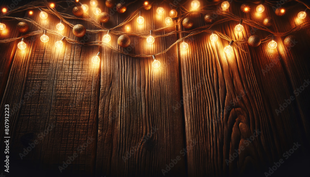 Poster a rustic and warm background featuring a textured wooden surface illuminated by a string of small, t