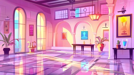 Modern art gallery interior with abstract paintings, sculptures, vases, statues, and illuminated presentation hall. Animation modern illustration.