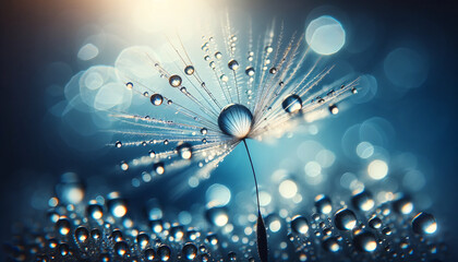 A single dandelion seed captured in stunning detail, with water droplets clinging to its delicate filaments