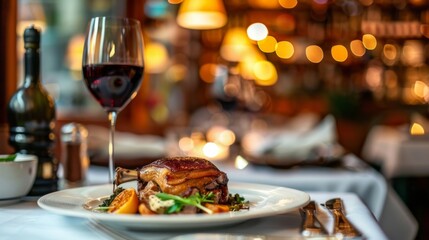 French Duck Confit meets a glass of fine wine on a rustic table
