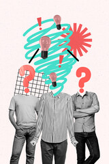 Vertical photo collage three men standing headless puzzled question mark face brainstorm lightbulb...