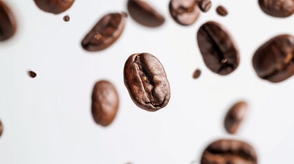 Obraz premium Close-up of scattered, roasted brown coffee beans on a white background