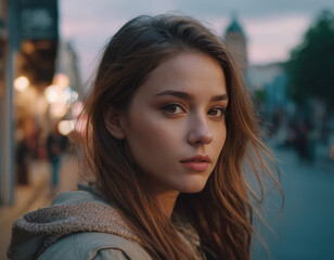 Primo piano di una donna con occhi marroni brillanti e labbra rosse.

