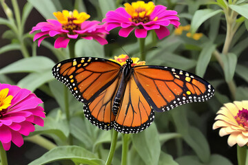 Fototapeta premium Beautiful Monarch butterfly sitting on top of pink and yellow Zinnia flower