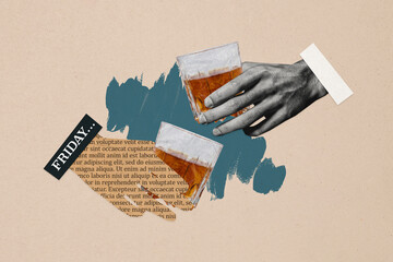 Creative collage image human hands drink alcohol whiskey beverage cheers bar weekend friday...