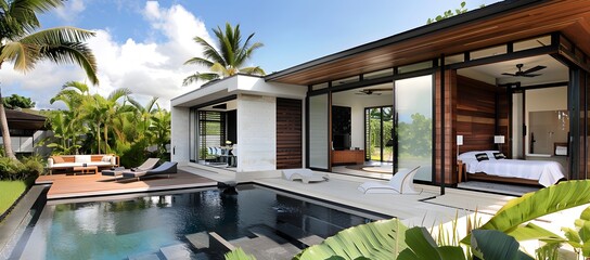 panoramic view of modern and minimalist one-story villa with an outdoor pool on the tropical island
