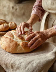 Grandmother holding freshly baked bread on a rustic wooden table covered with a linen cloth. Old woman kneading traditional dough. Natural organic homemade bread. Rustic bakery relaxed atmosphere.