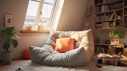 A cozy bean bag chair in a teenager's bedroom, providing a comfortable spot for gaming and lounging