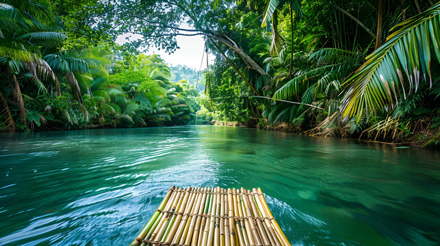 Bamboo Rafting on the Martha Brae River, a popular tourist attraction in Jamaica.ai generative - Powered by Adobe