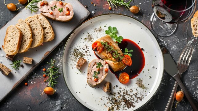 White plate featuring various French food alongside a glass of wine