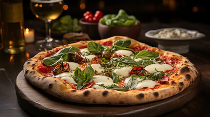 A rustic Italian pizzeria with a stone oven, where a family gathers to enjoy hand-tossed pizzas...