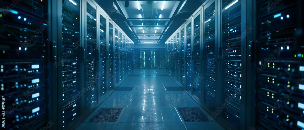 Poster an image of a working data center with rack servers and supercomputers in the background, along with