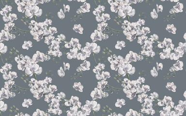 White orchid flowers in a seamless pattern with orchid branches and individual flowers on a grey background. Tropical plants. Watercolor illustration. For cloth, tablecloth, silk scarf, stoles.