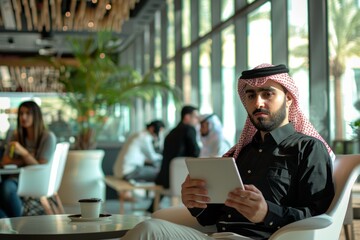 Focused Middle Eastern man sitting in chair, holding tablet in modern coworking space