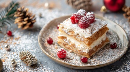 Fototapeta na wymiar Plate with decadent cake, frosting, and raspberries