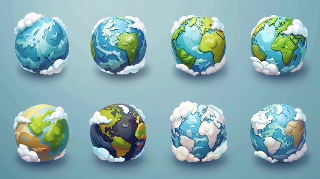 A rotating globe of the earth showing the world and the planet from different angles. Green and blue planets with white clouds are isolated on a white background. Modern illustration.