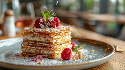 Stack of pancakes topped with raspberries and sugar on a plate
