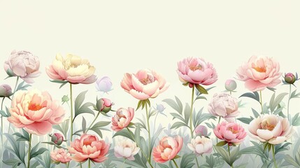 illustration of peony flowers in various shades of pink and white, with green stems, on a isolated background