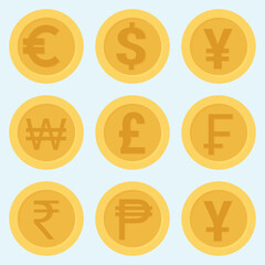 Set of gold coins with currency symbols