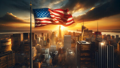 The United States flag flying proudly against the backdrop of a bustling city skyline at sunset