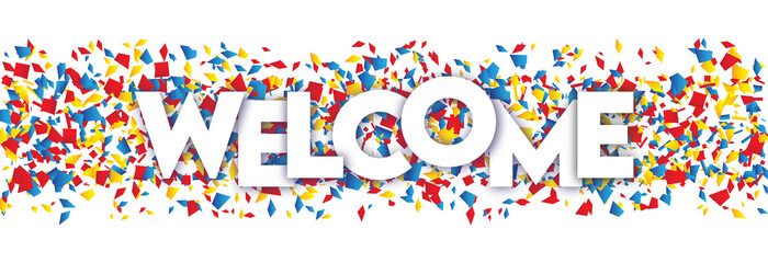 Welcome confetti banner paper cutout illustration. Letters solated on transparent background.