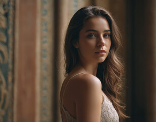 Ritratto in controluce di una donna con sguardo contemplativo e lineamenti delicati.
